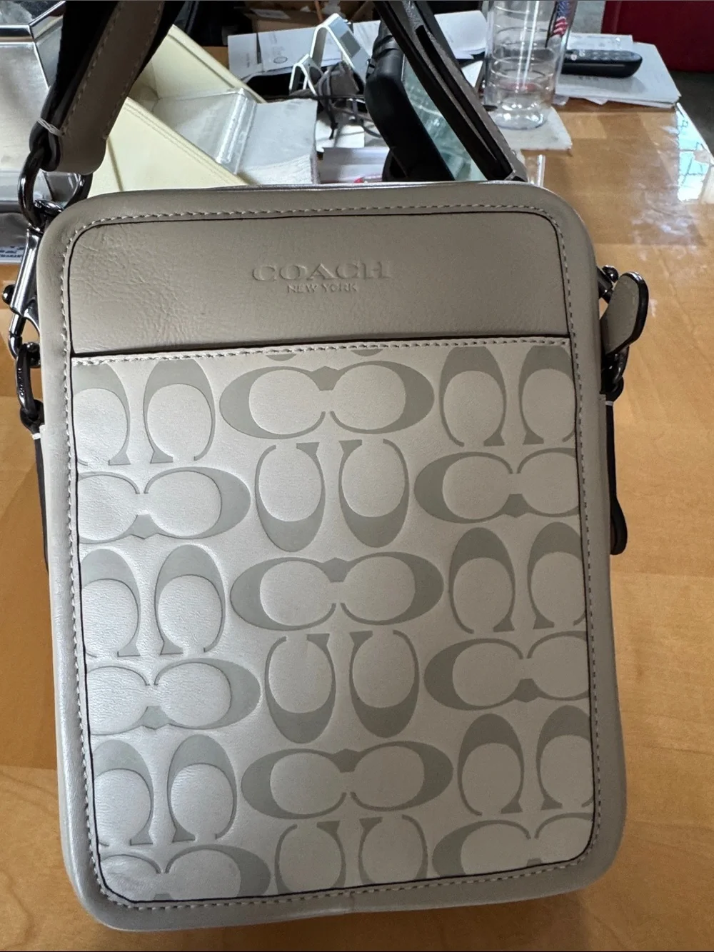 Coach Men’s Signature Crossbody Bag in Chalk and Light Gray